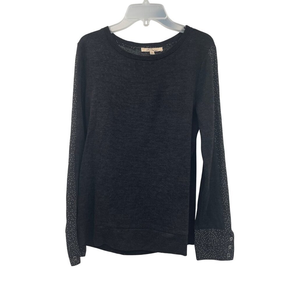 Les Serein Womens Lightweight Pullover Sweater Polka Dot Trim Black/White S